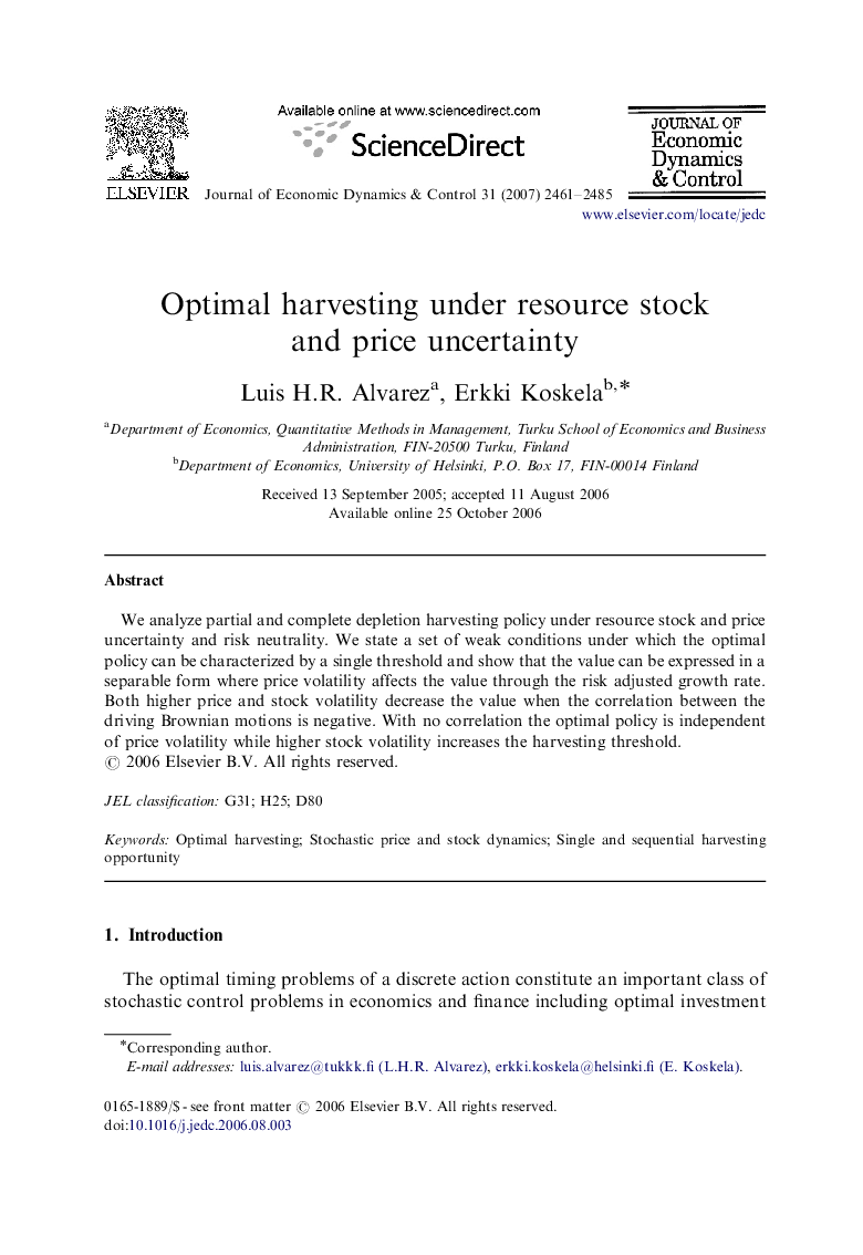 Optimal harvesting under resource stock and price uncertainty