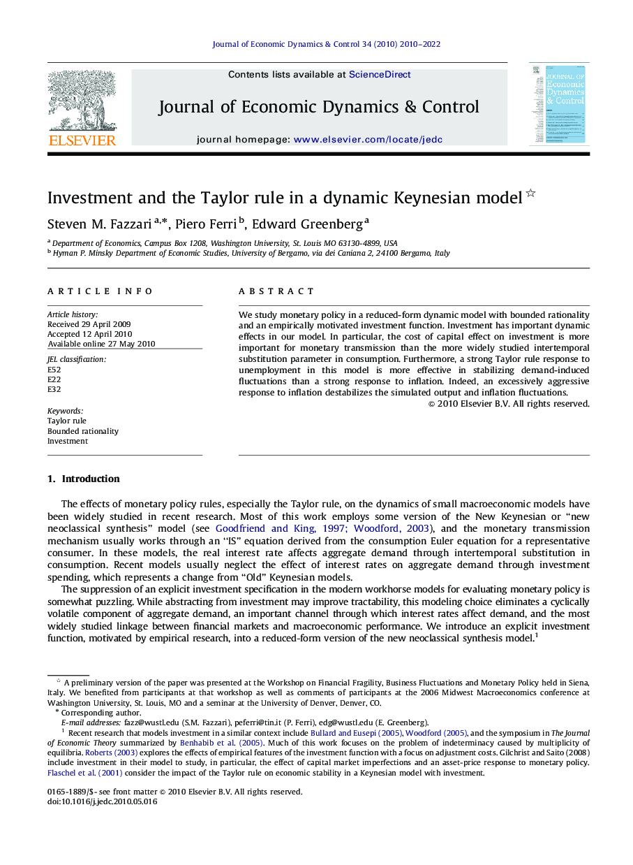 Investment and the Taylor rule in a dynamic Keynesian model