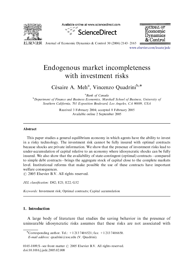 Endogenous market incompleteness with investment risks