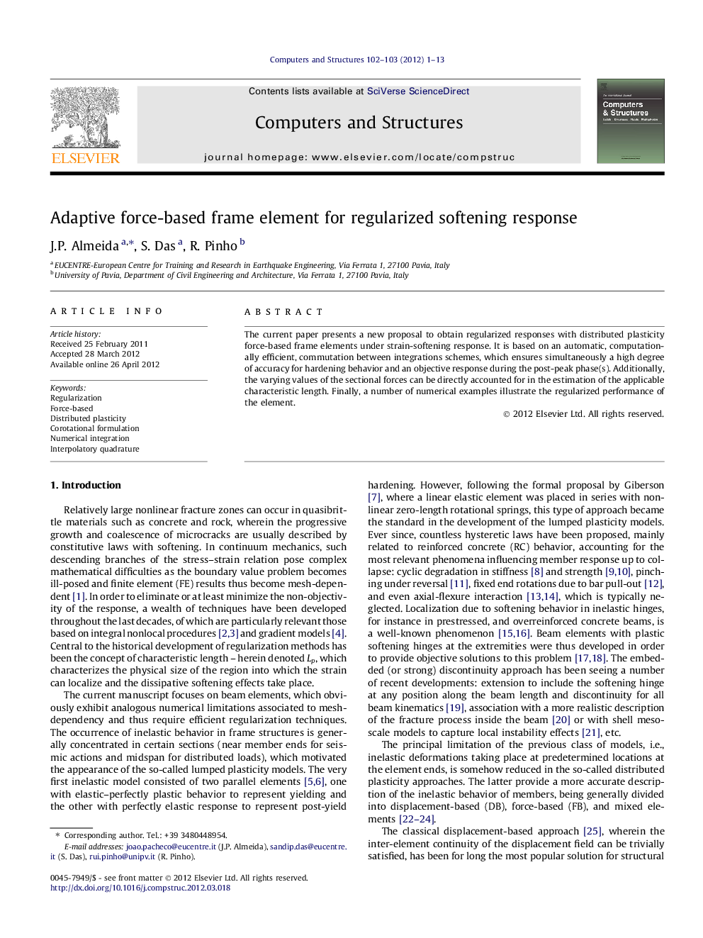 Adaptive force-based frame element for regularized softening response