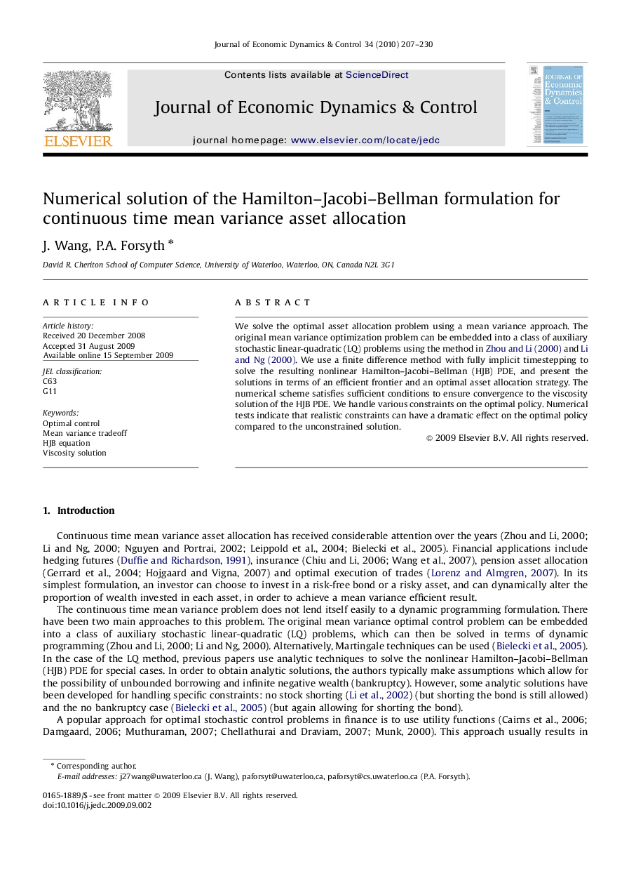 Numerical solution of the Hamilton-Jacobi-Bellman formulation for continuous time mean variance asset allocation