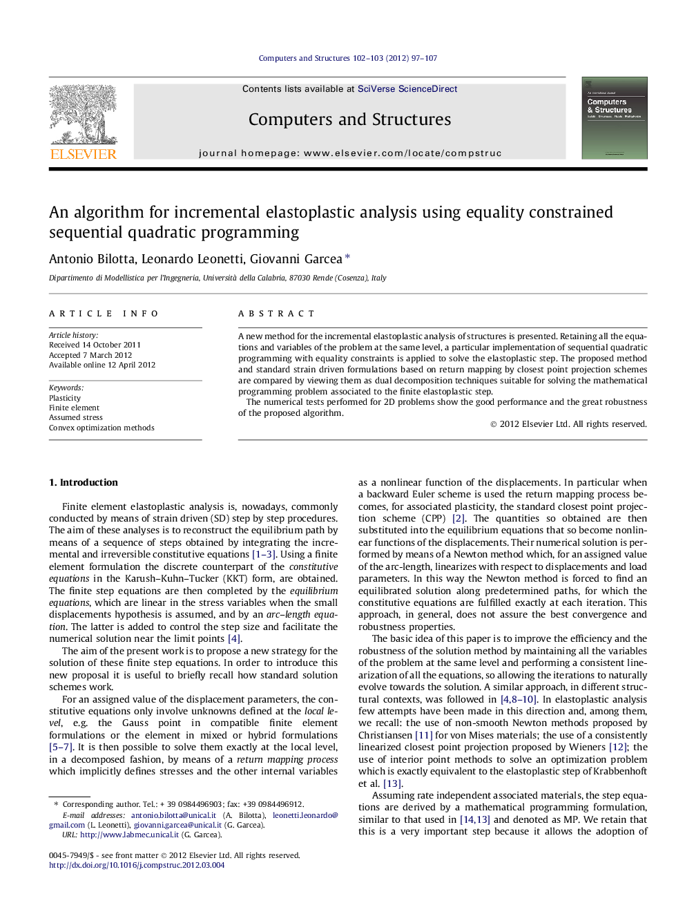 An algorithm for incremental elastoplastic analysis using equality constrained sequential quadratic programming