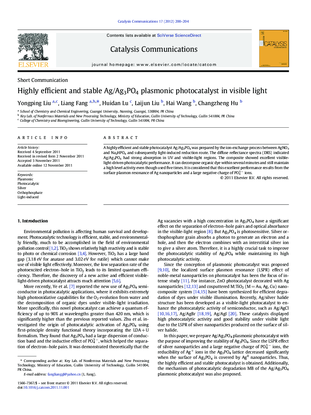 Highly efficient and stable Ag/Ag3PO4 plasmonic photocatalyst in visible light