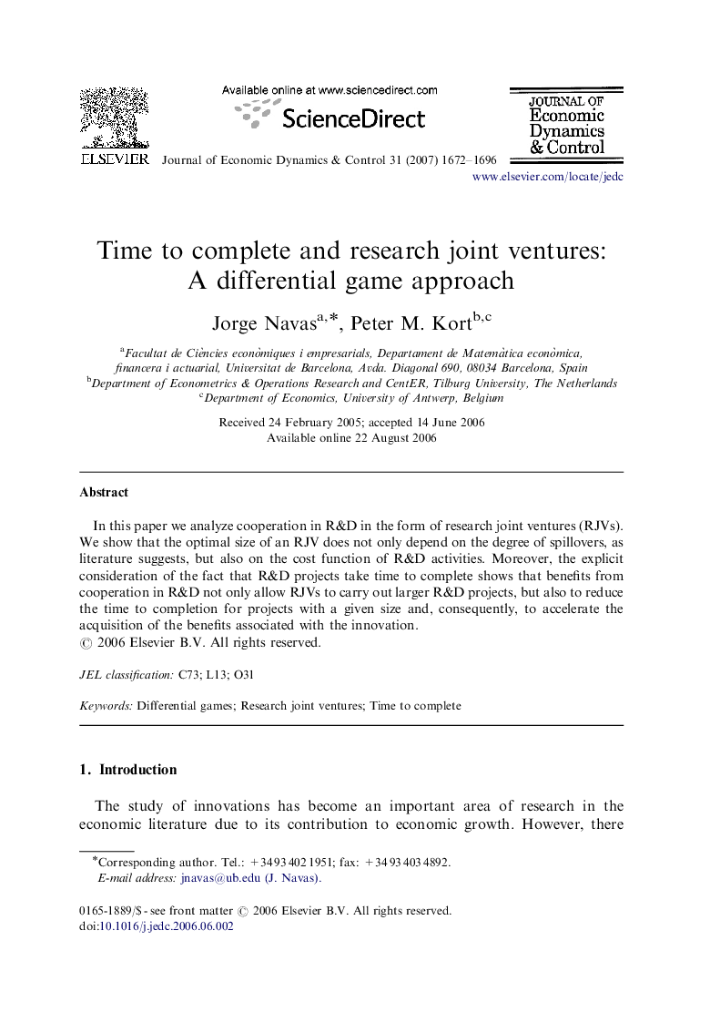 Time to complete and research joint ventures: A differential game approach