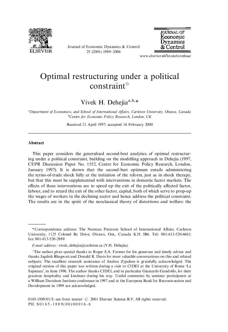 Optimal restructuring under a political constraint