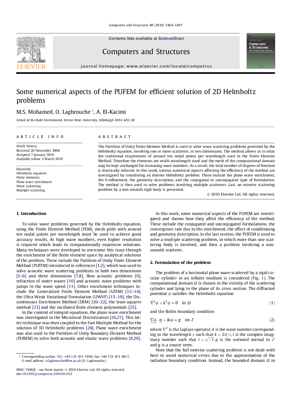 Some numerical aspects of the PUFEM for efficient solution of 2D Helmholtz problems