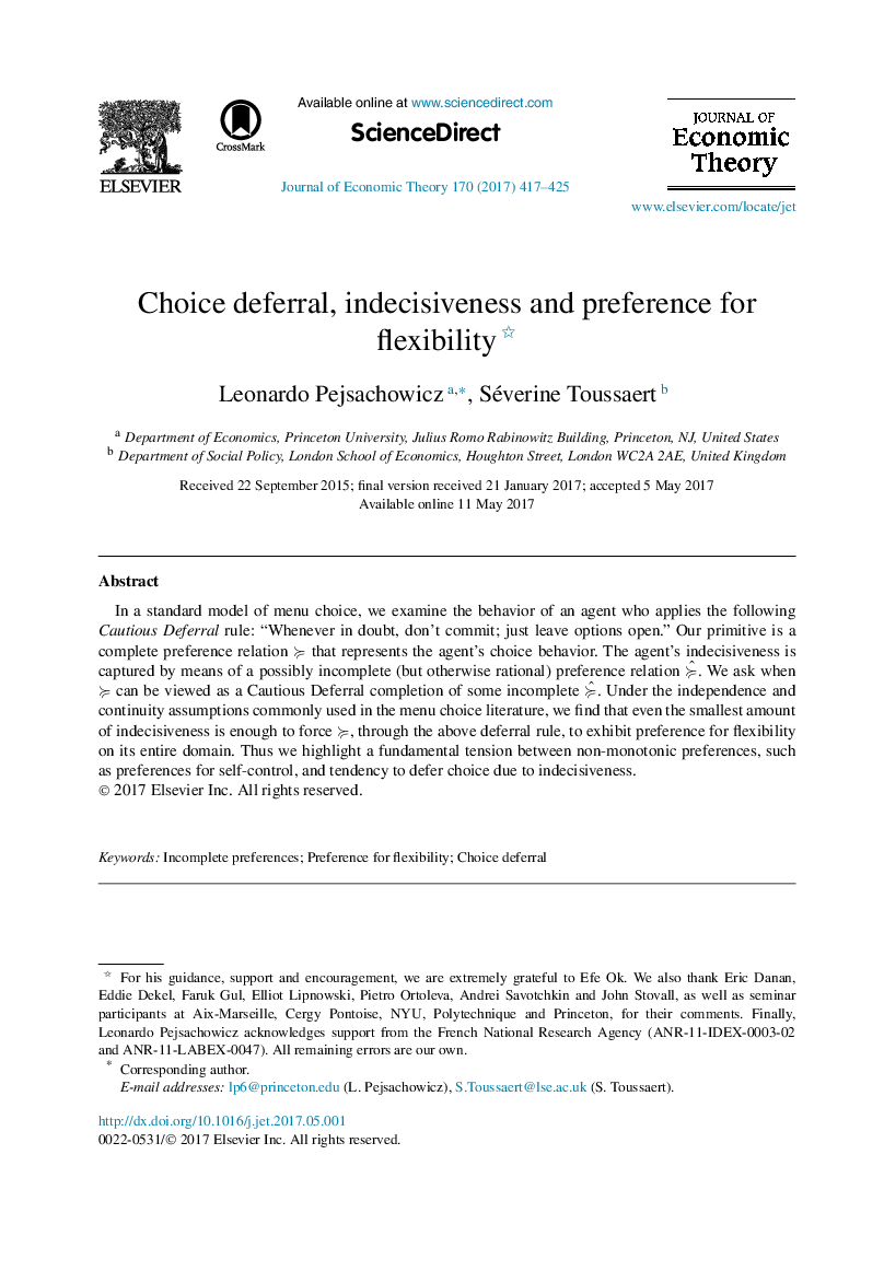 Choice deferral, indecisiveness and preference for flexibility