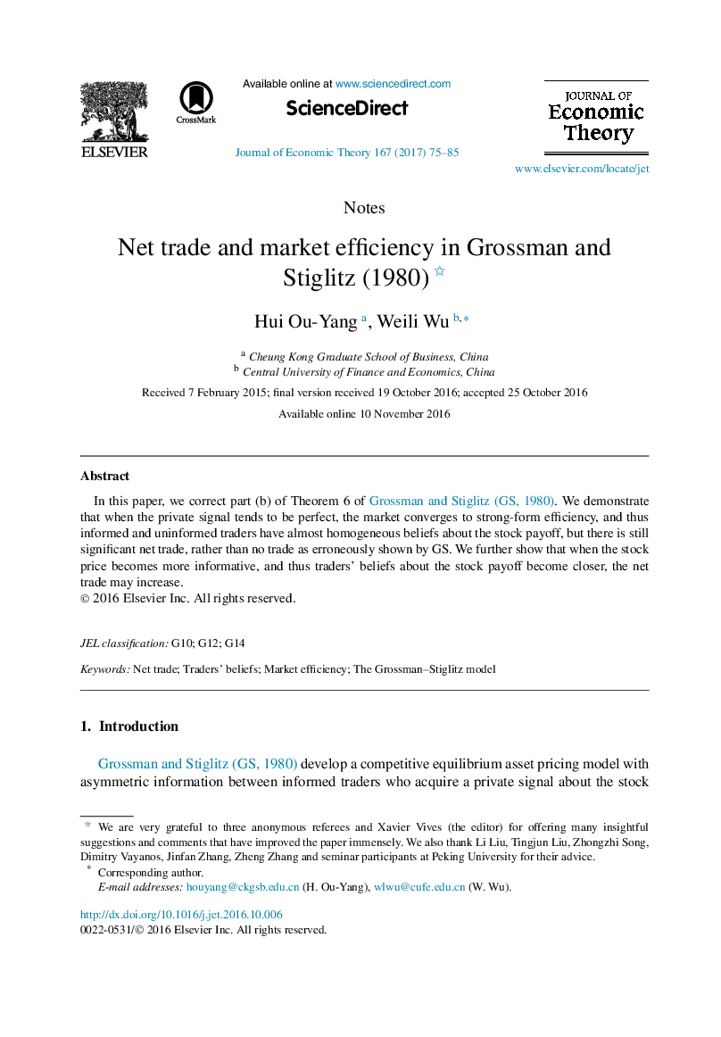 Net trade and market efficiency in Grossman and Stiglitz (1980)