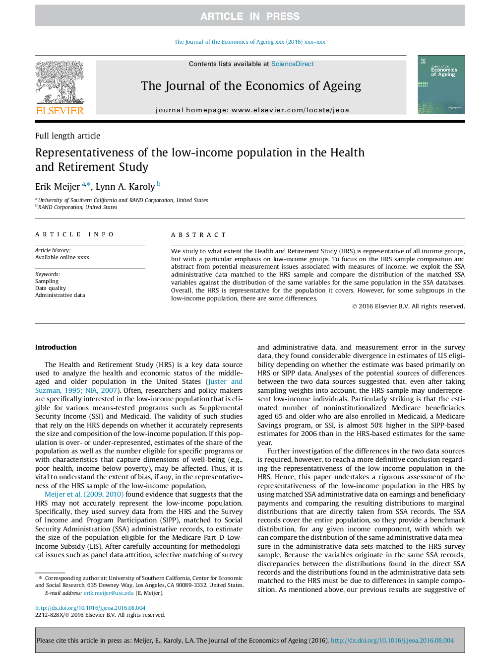 Representativeness of the low-income population in the Health and Retirement Study