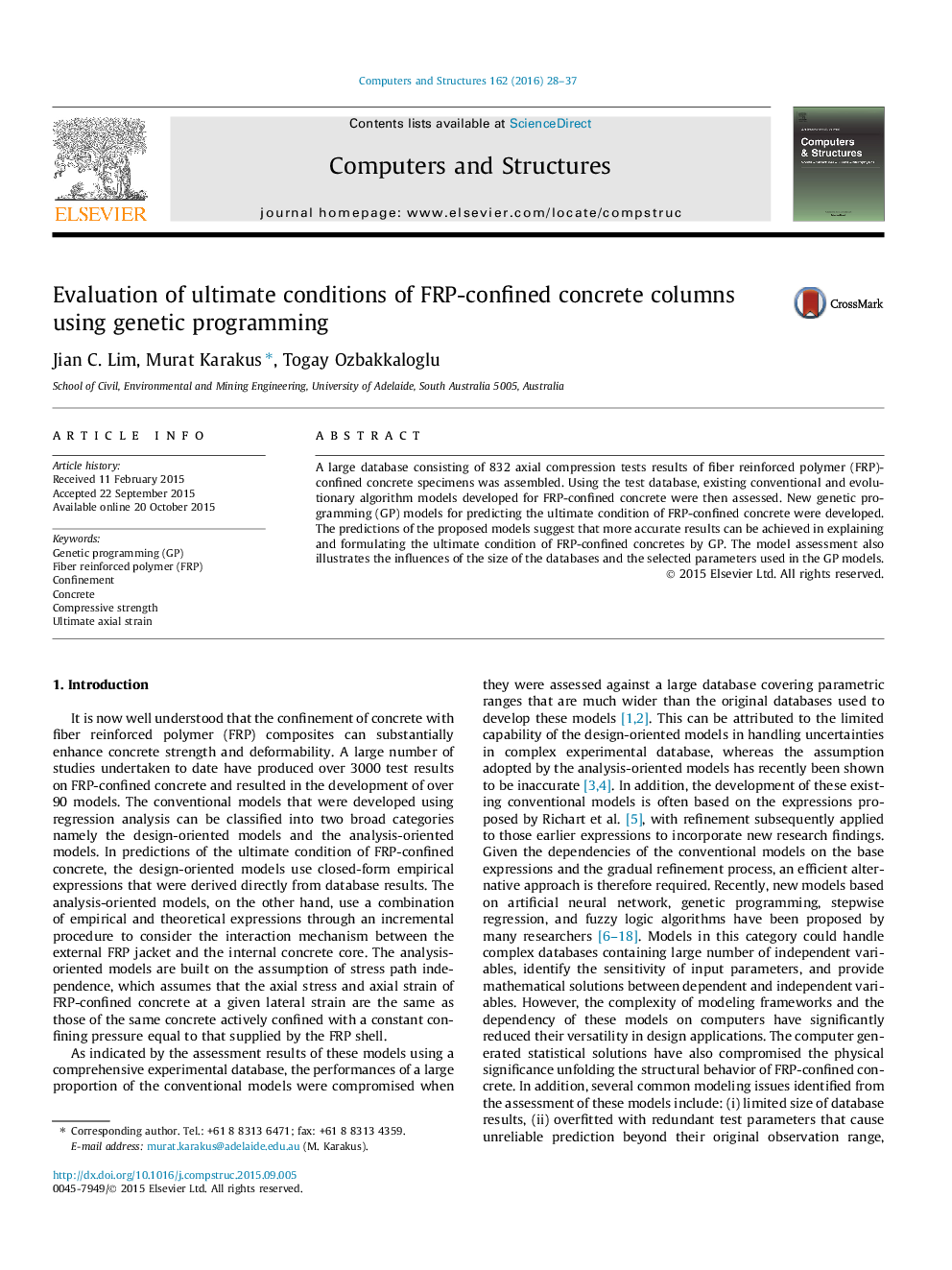عکس صفحه اول مقاله: Evaluation of ultimate conditions of FRP-confined concrete columns using genetic programming Evaluation of ultimate conditions of FRP-confined concrete columns using genetic programming
