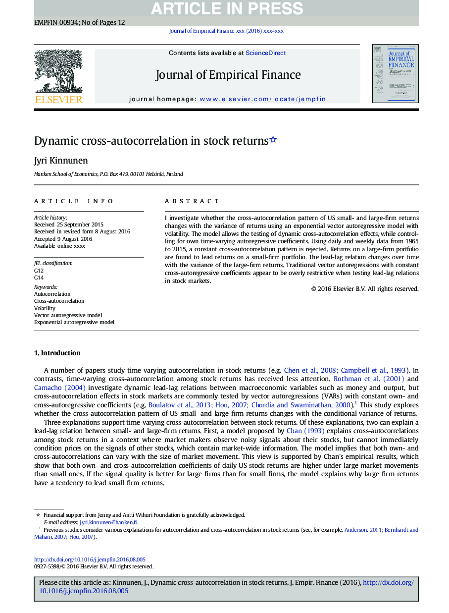 Dynamic cross-autocorrelation in stock returns