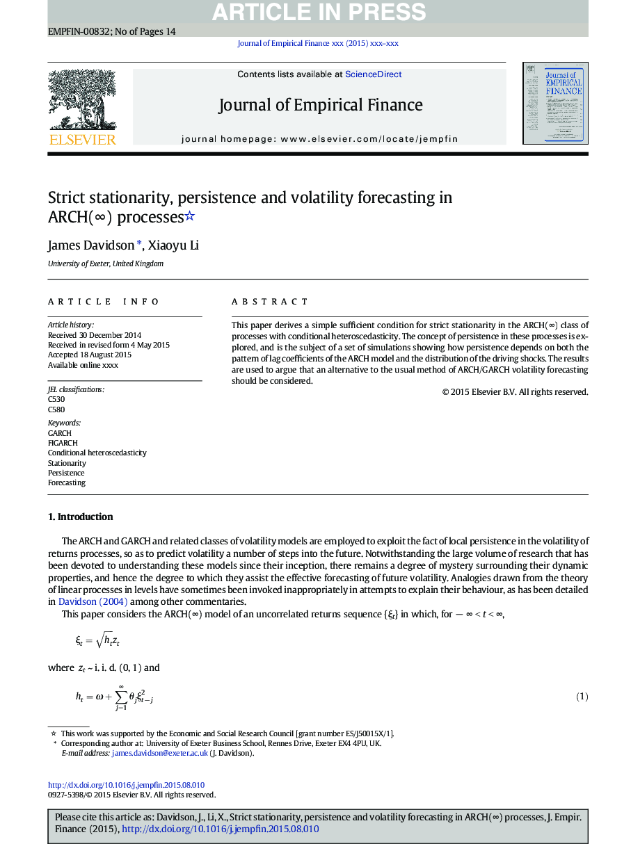 Strict stationarity, persistence and volatility forecasting in ARCH(â) processes
