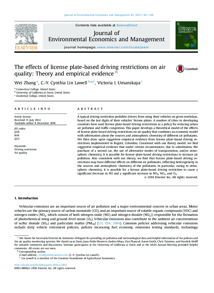 اثرات محدودیت رانندگی مبتنی بر مجوز بر کیفیت هوا: نظریه و شواهد تجربی 