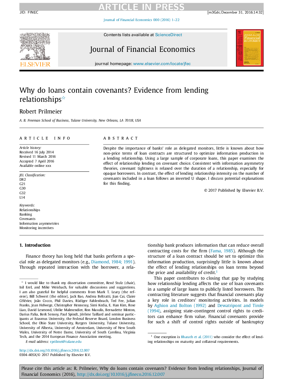 Why do loans contain covenants? Evidence from lending relationships