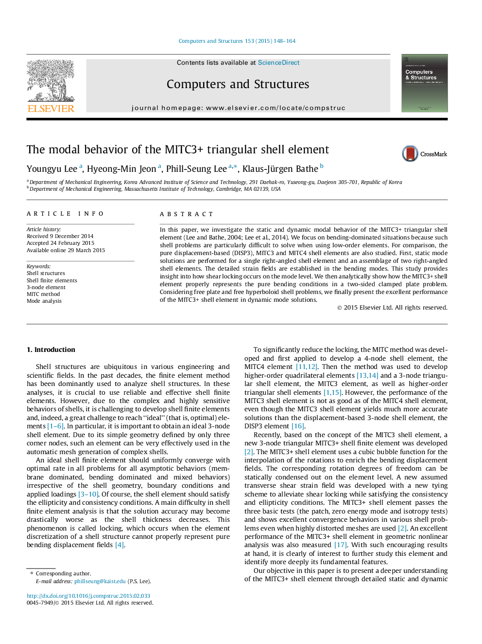 The modal behavior of the MITC3+ triangular shell element