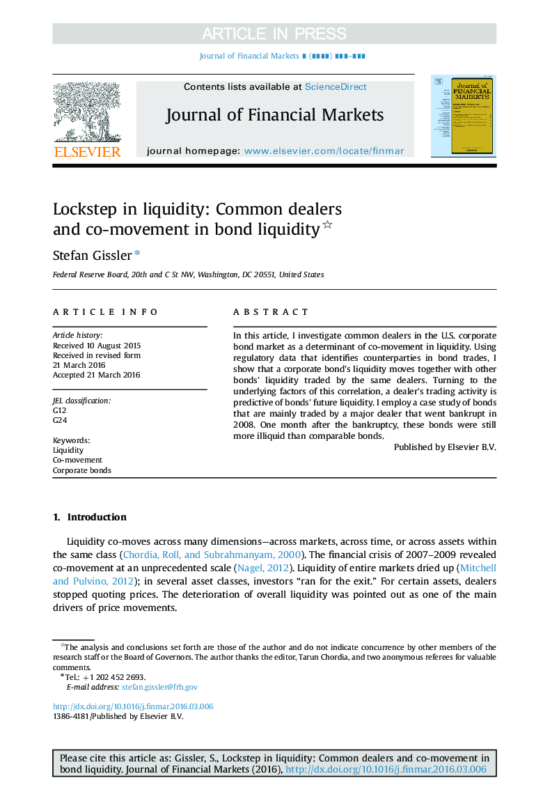 Lockstep in liquidity: Common dealers and co-movement in bond liquidity
