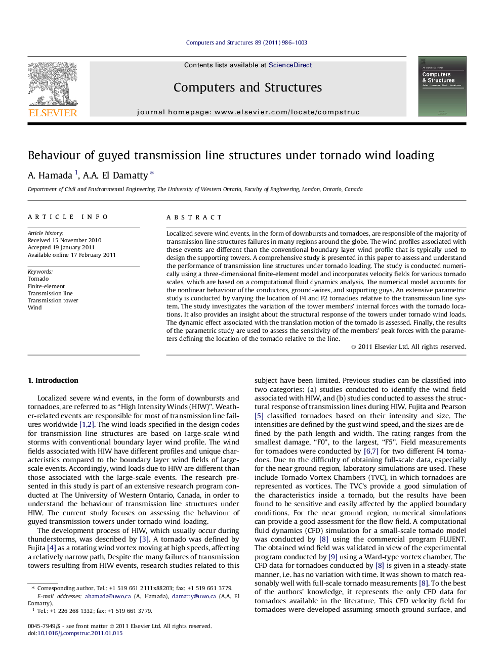 Behaviour of guyed transmission line structures under tornado wind loading