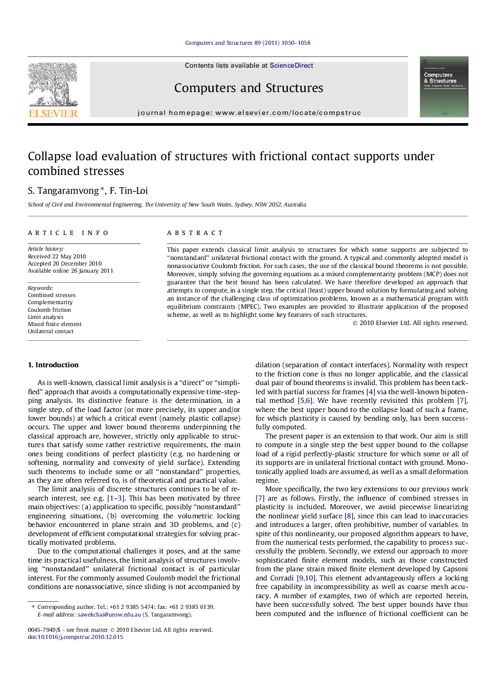 Collapse load evaluation of structures with frictional contact supports under combined stresses