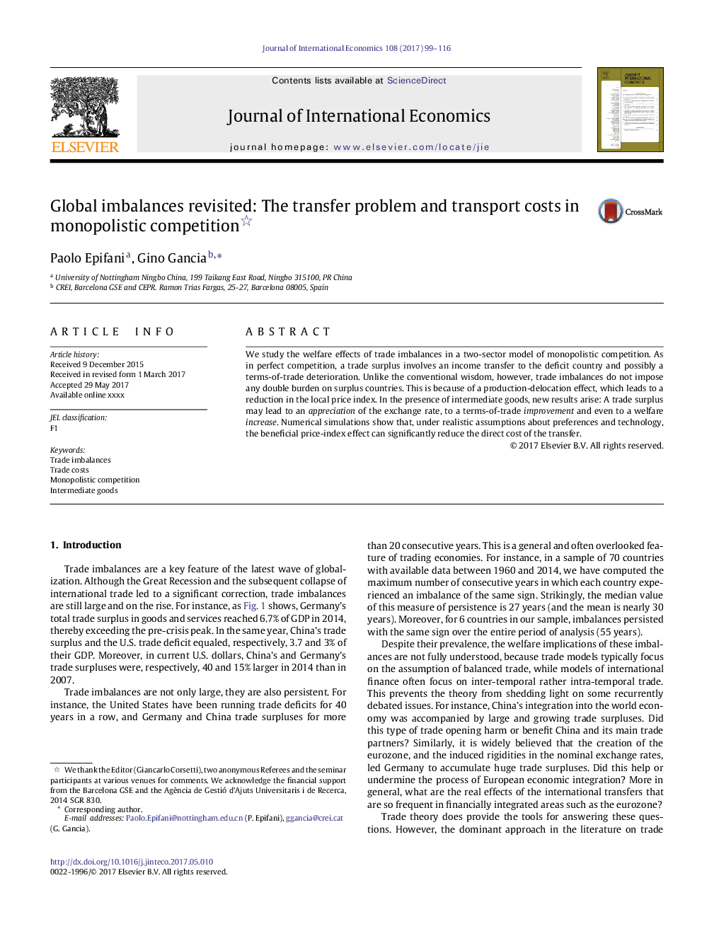 Global imbalances revisited: The transfer problem and transport costs in monopolistic competition