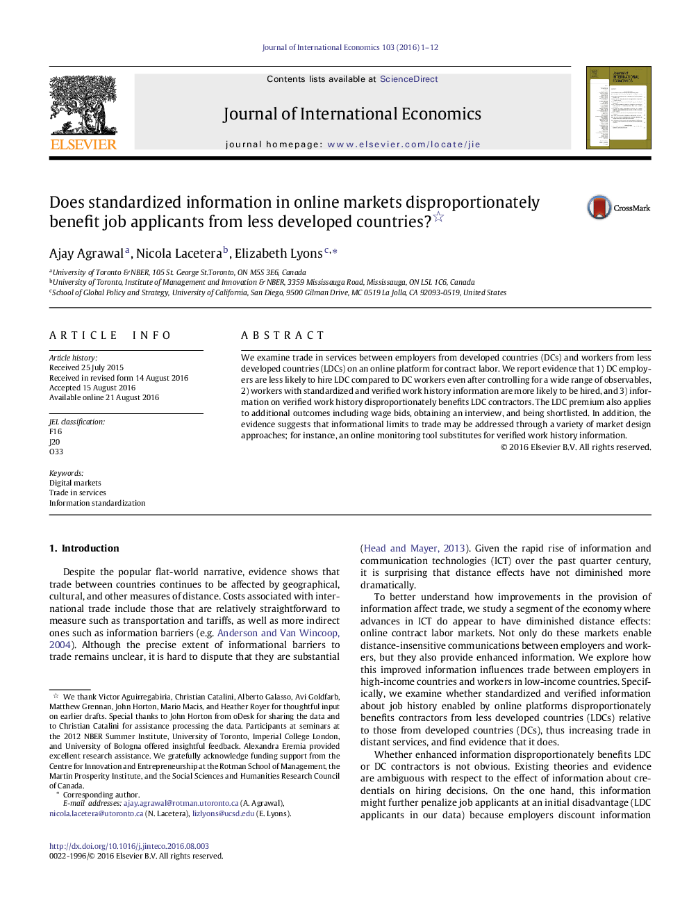 Does standardized information in online markets disproportionately benefit job applicants from less developed countries?