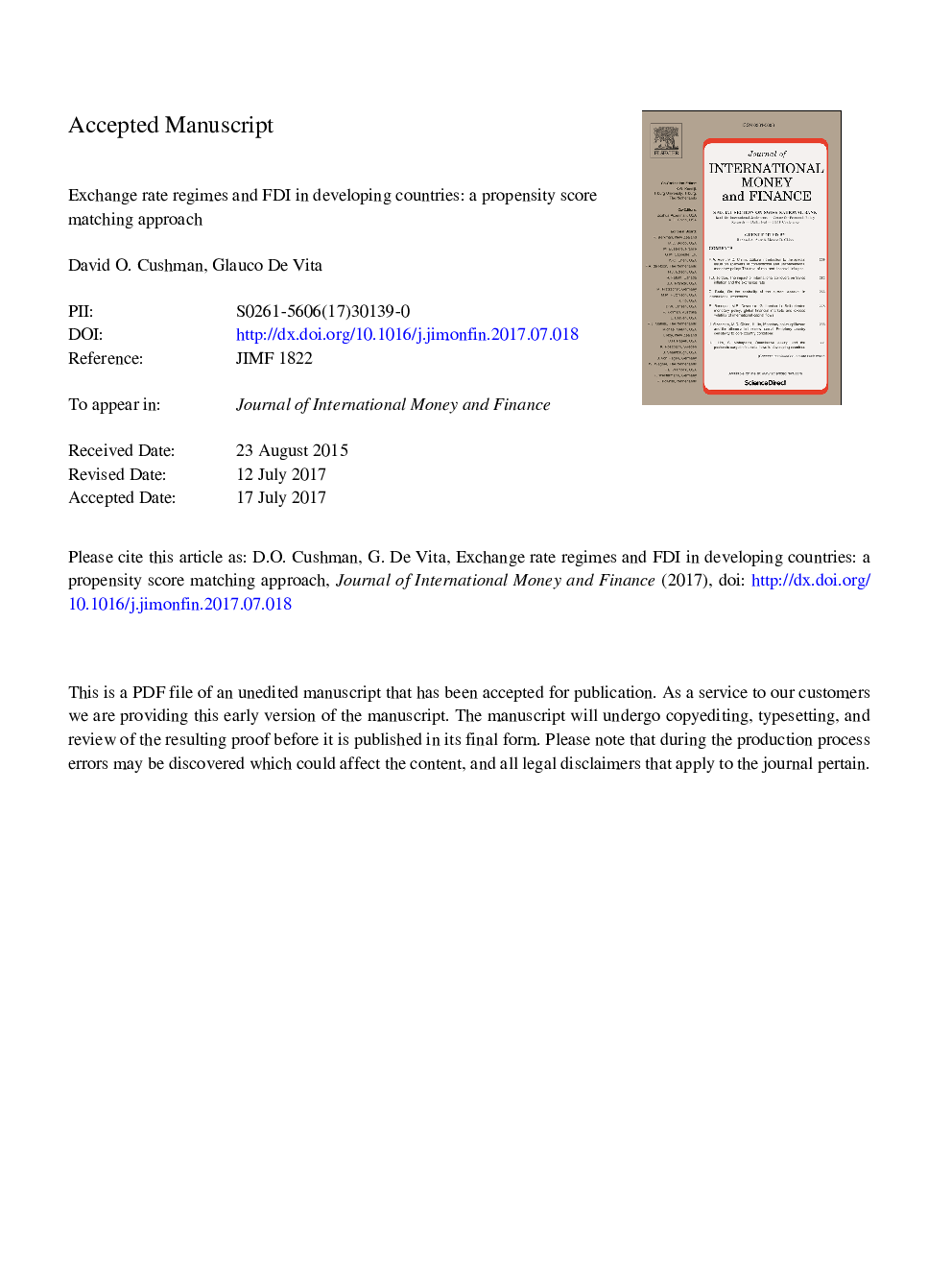 Exchange rate regimes and FDI in developing countries: A propensity score matching approach