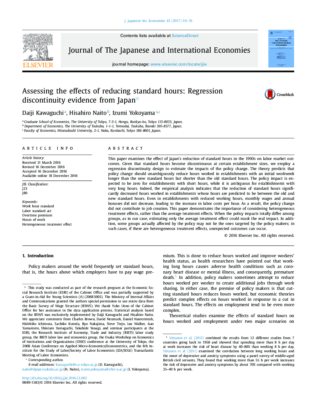 Assessing the effects of reducing standard hours: Regression discontinuity evidence from Japan