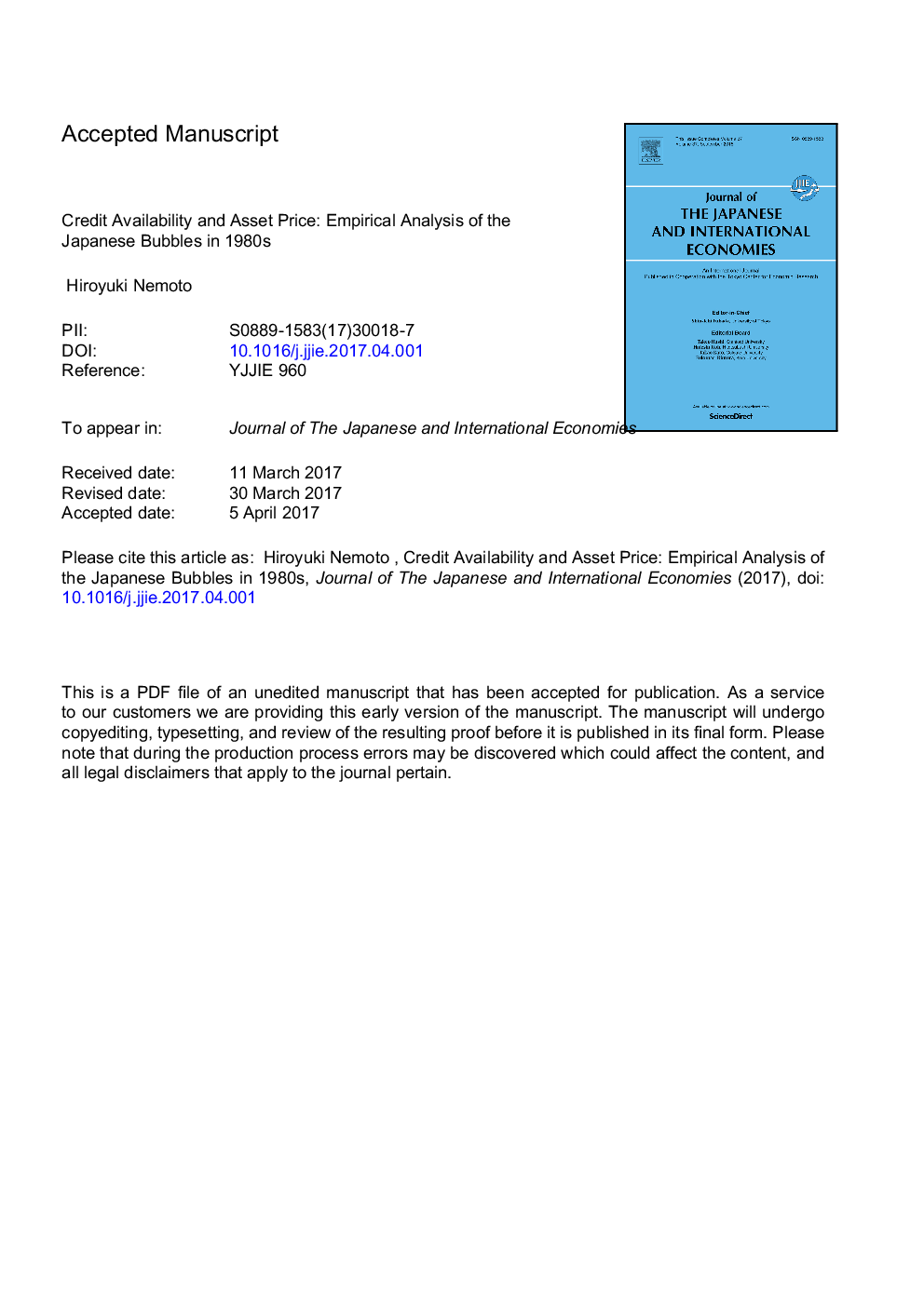 Credit availability and asset price: Empirical analysis of the Japanese bubbles in 1980s