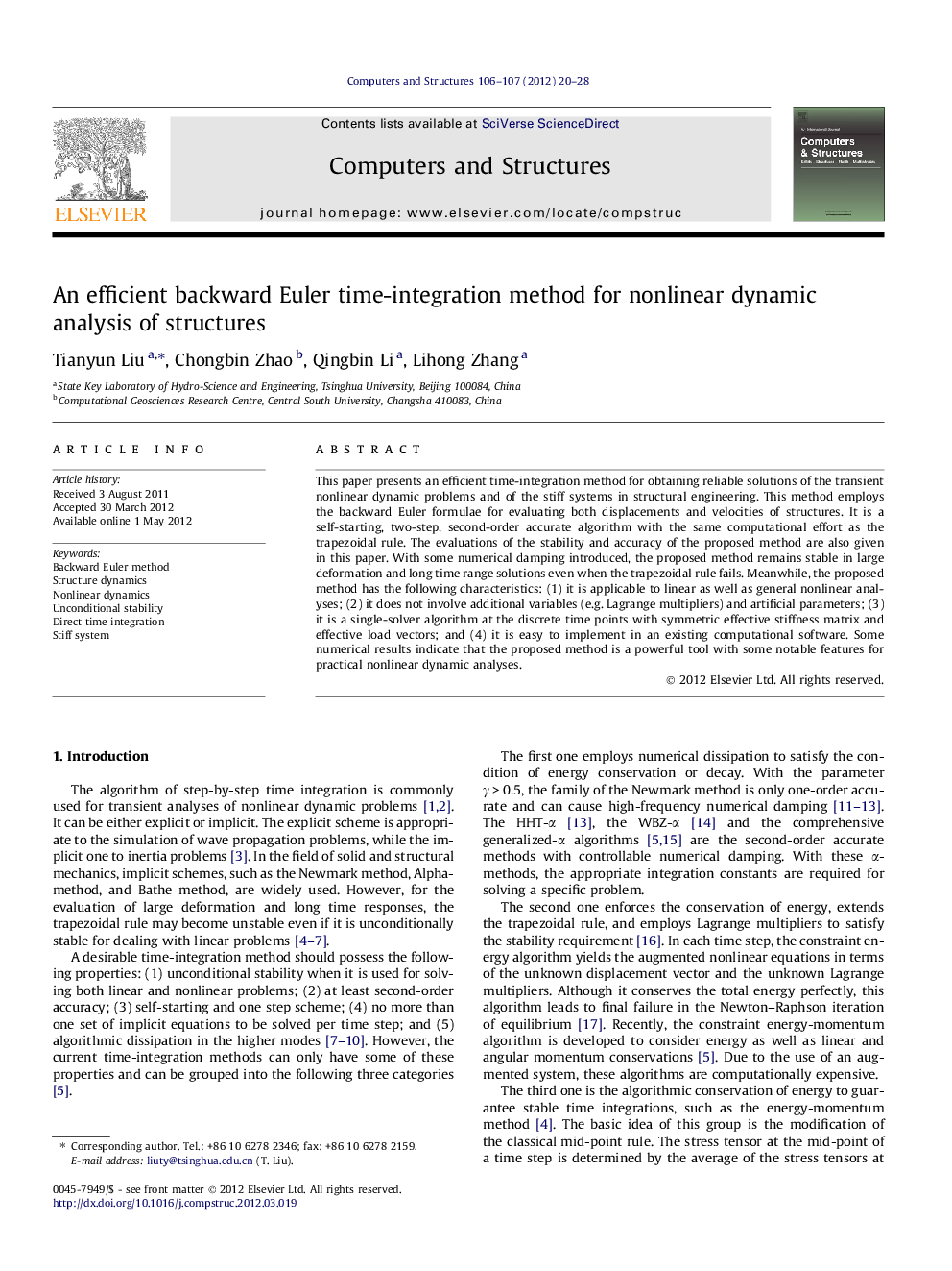 An efficient backward Euler time-integration method for nonlinear dynamic analysis of structures