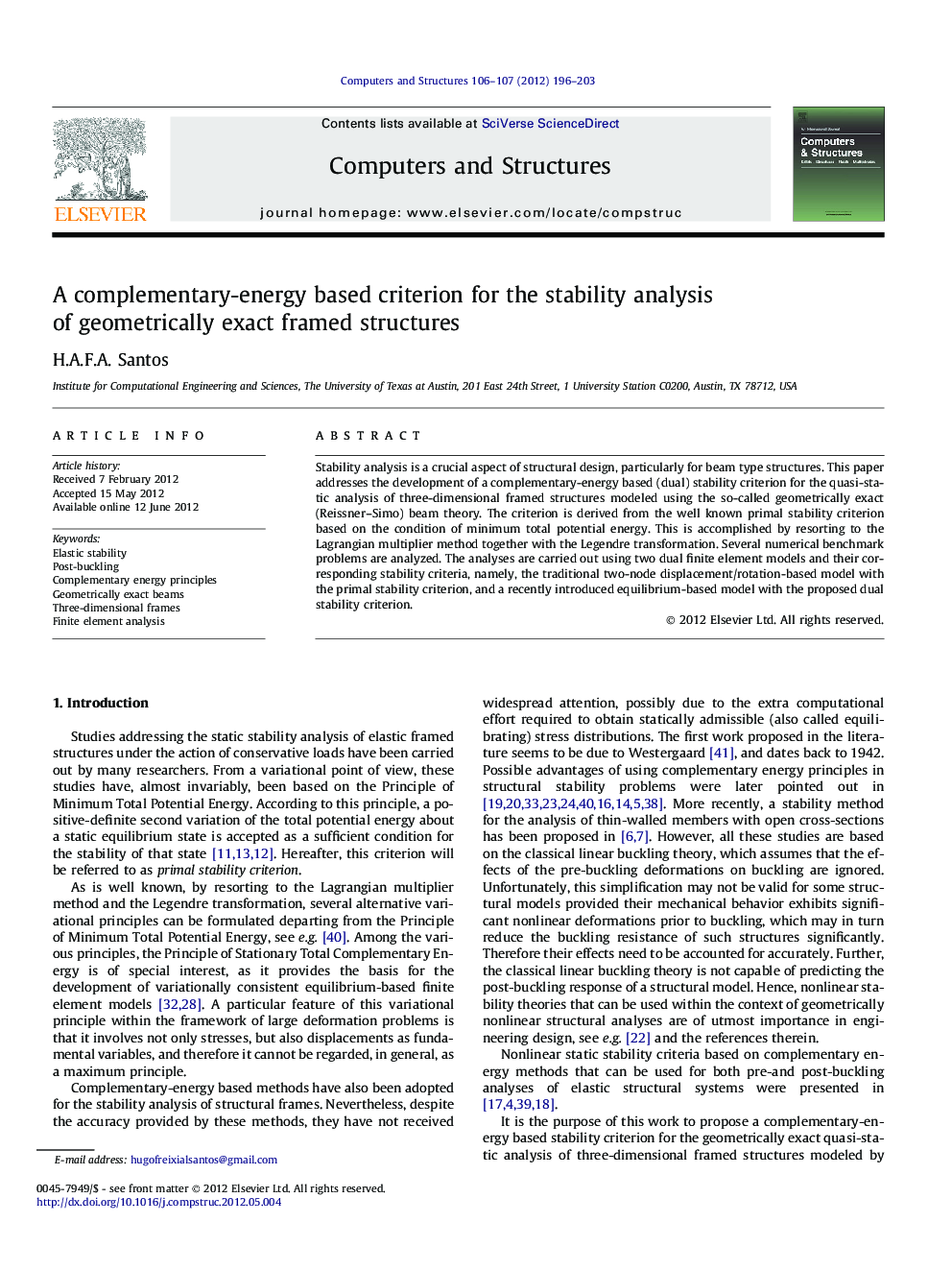 A complementary-energy based criterion for the stability analysis of geometrically exact framed structures