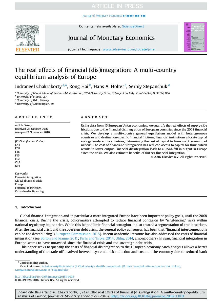 اثرات واقعی ادغام مالی (دی): تجزیه و تحلیل تعادلی چند کشور در اروپا 