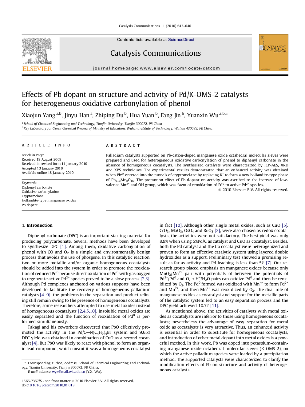 Effects of Pb dopant on structure and activity of Pd/K-OMS-2 catalysts for heterogeneous oxidative carbonylation of phenol