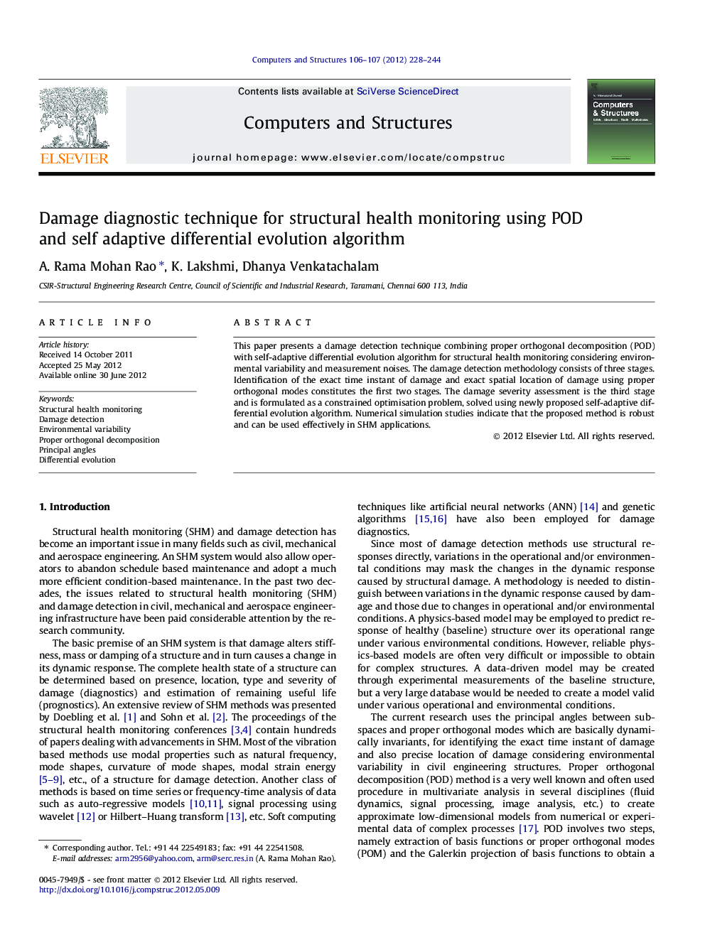 Damage diagnostic technique for structural health monitoring using POD and self adaptive differential evolution algorithm