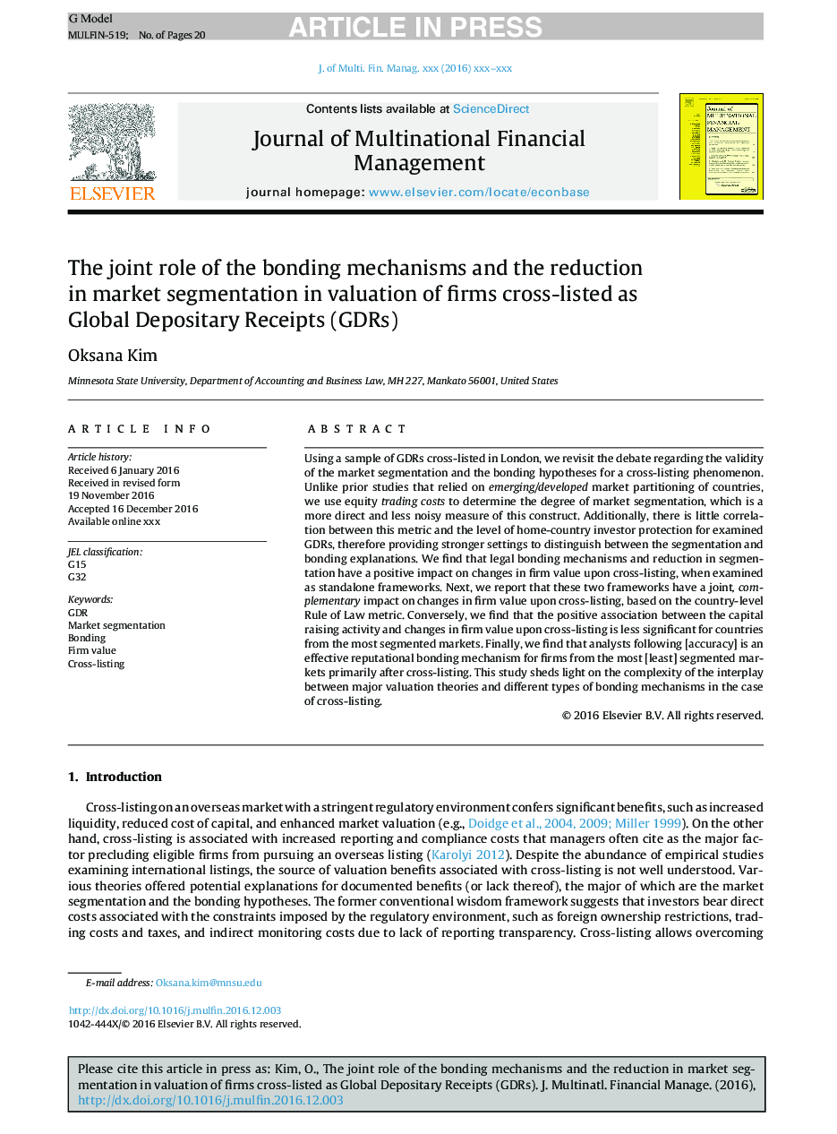 The joint role of the bonding mechanisms and the reduction in market segmentation in valuation of firms cross-listed as Global Depositary Receipts (GDRs)