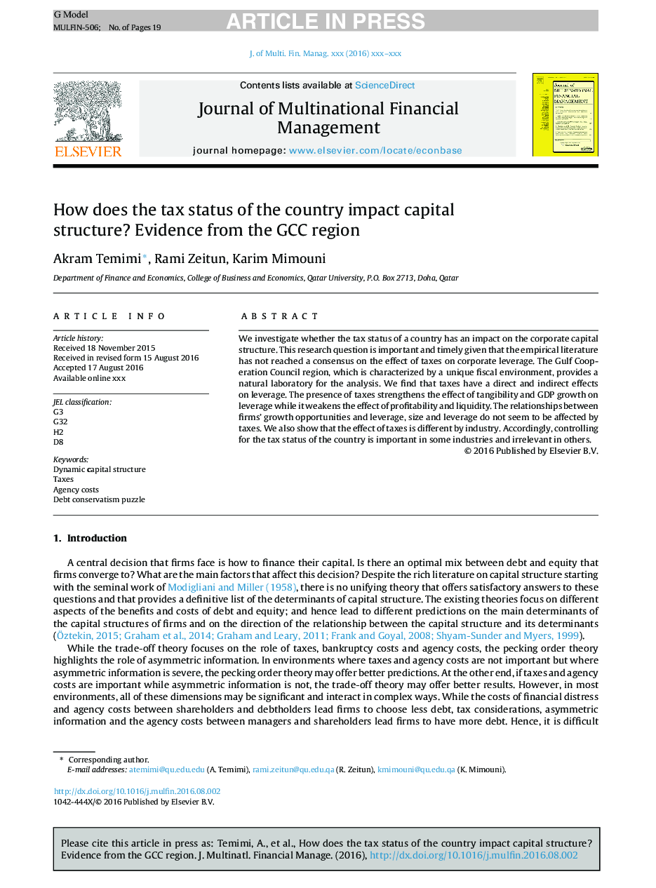 How does the tax status of a country impact capital structure? Evidence from the GCC region