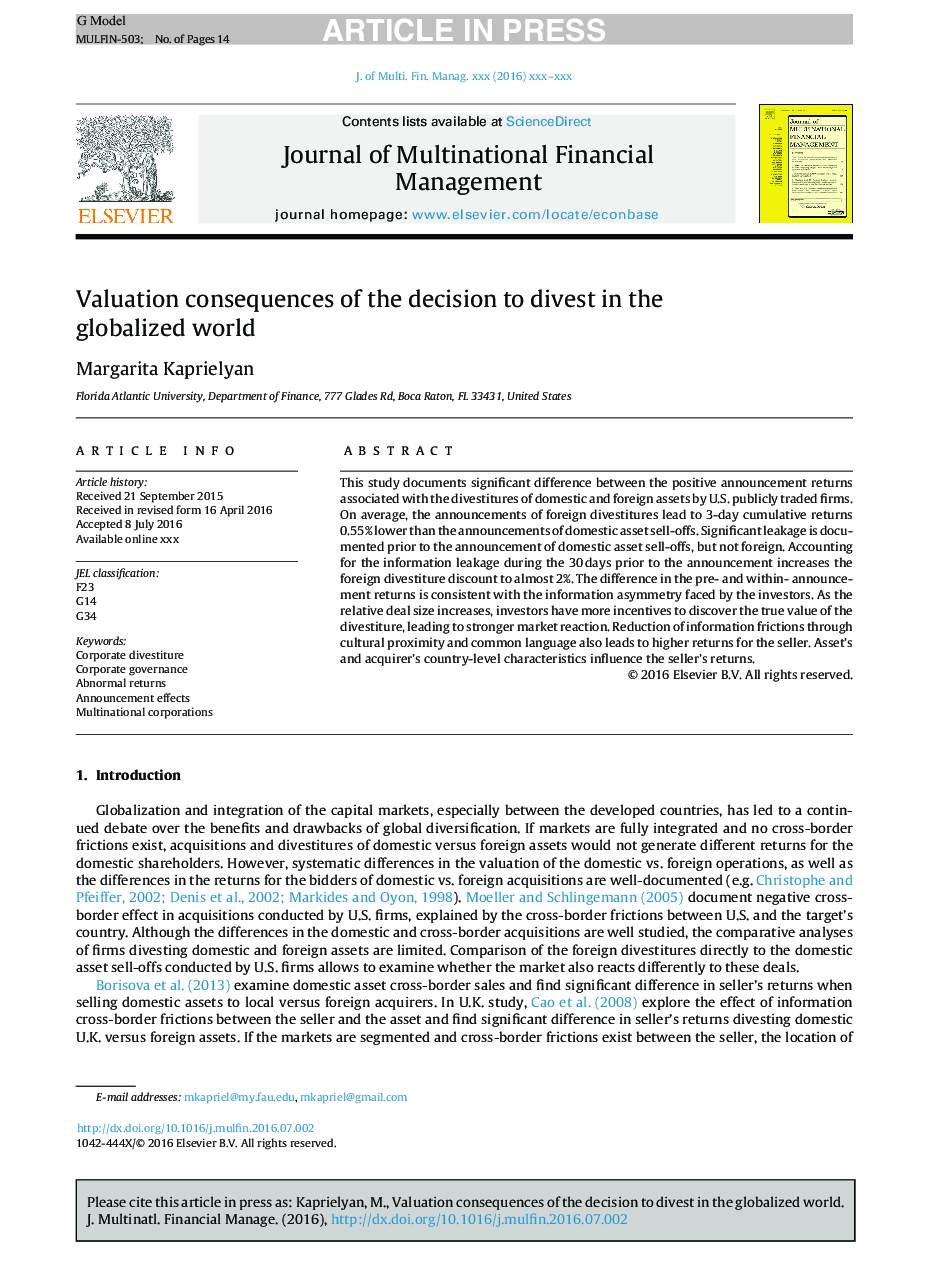 Valuation consequences of the decision to divest in the globalized world