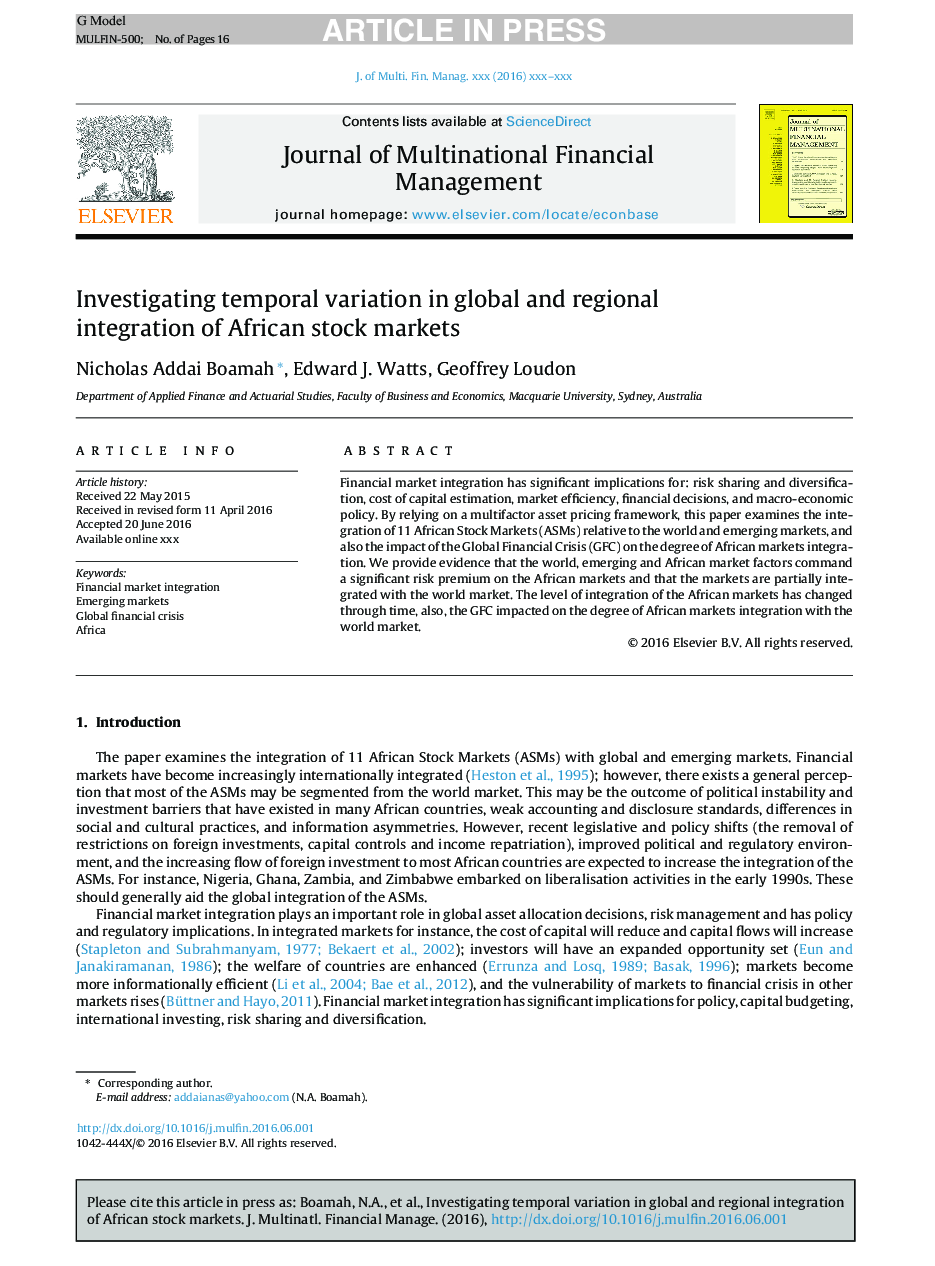 Investigating temporal variation in the global and regional integration of African stock markets