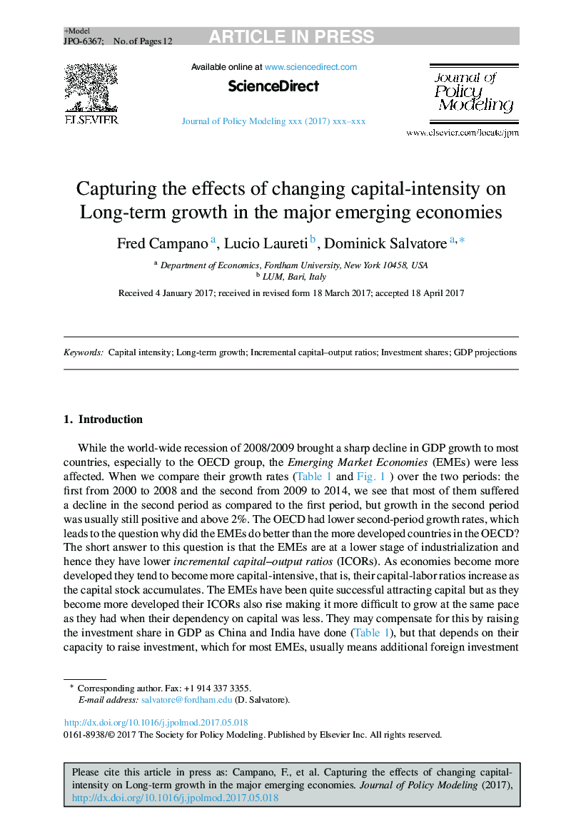 Capturing the effects of changing capital-intensity on Long-term growth in the major emerging economies