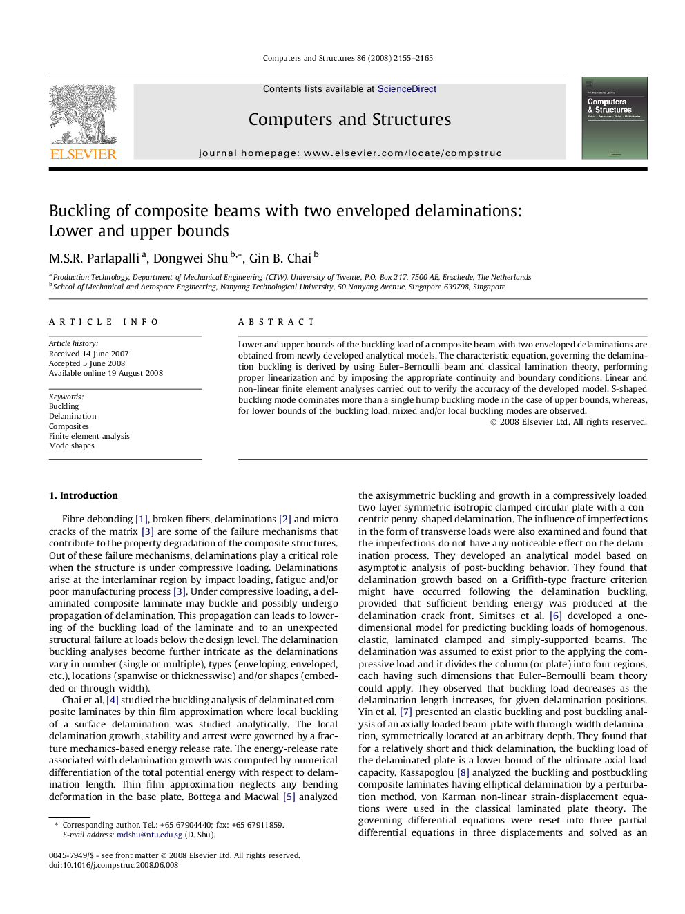 Buckling of composite beams with two enveloped delaminations: Lower and upper bounds