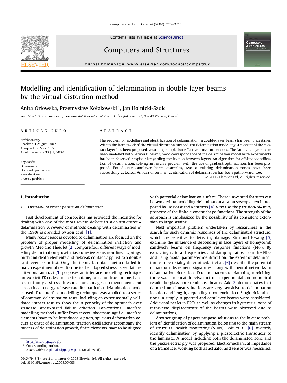 Modelling and identification of delamination in double-layer beams by the virtual distortion method