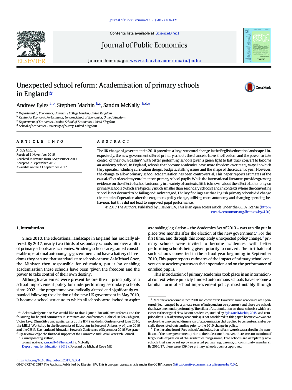 Unexpected school reform: Academisation of primary schools in England