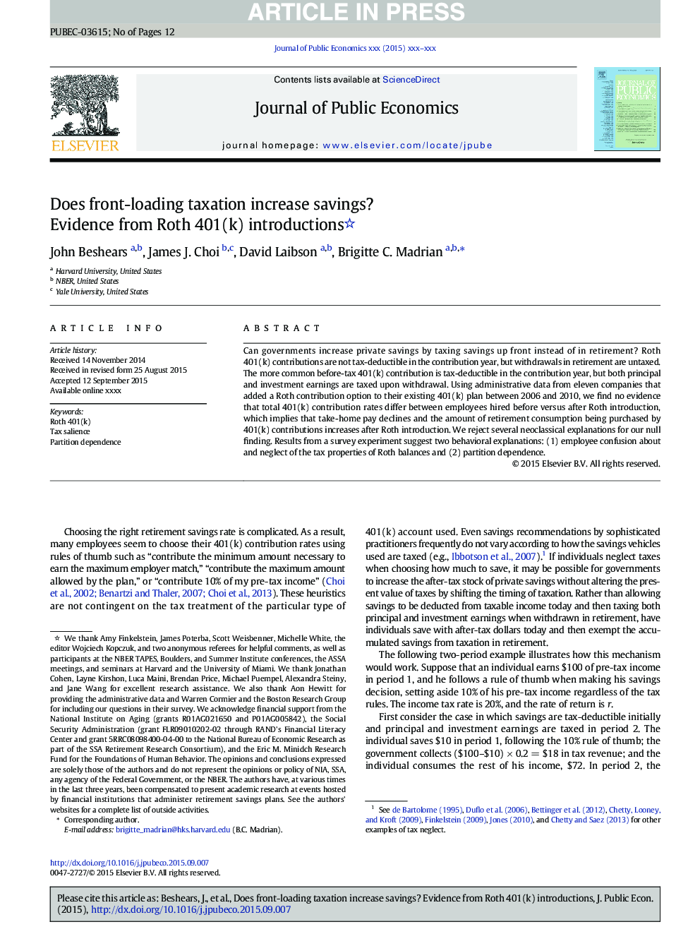 Does front-loading taxation increase savings? Evidence from Roth 401(k) introductions