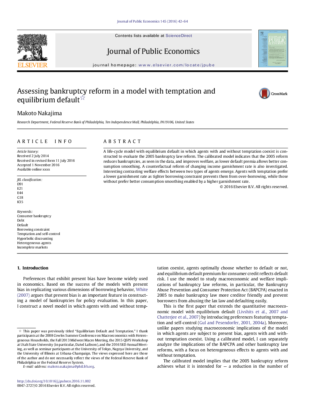 Assessing bankruptcy reform in a model with temptation and equilibriumÂ default