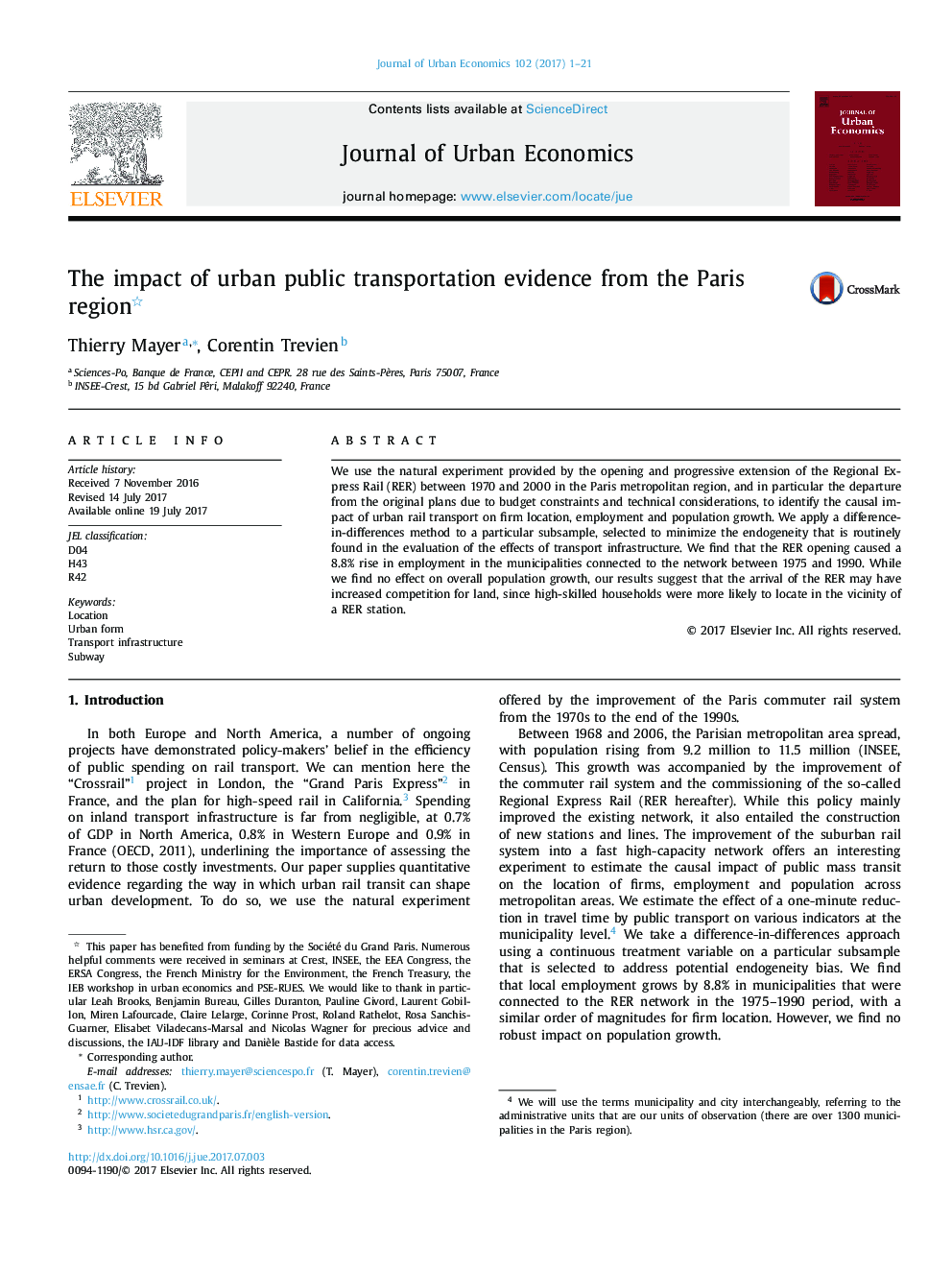 The impact of urban public transportation evidence from the Paris region