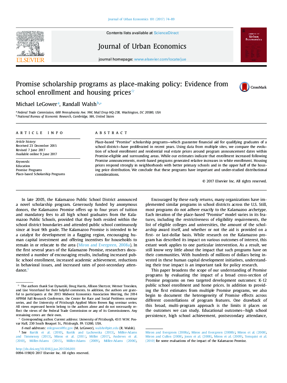 Promise scholarship programs as place-making policy: Evidence from school enrollment and housing prices