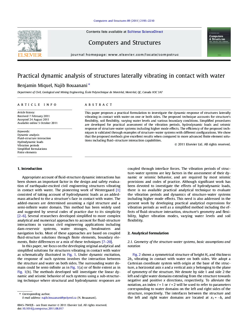 Practical dynamic analysis of structures laterally vibrating in contact with water