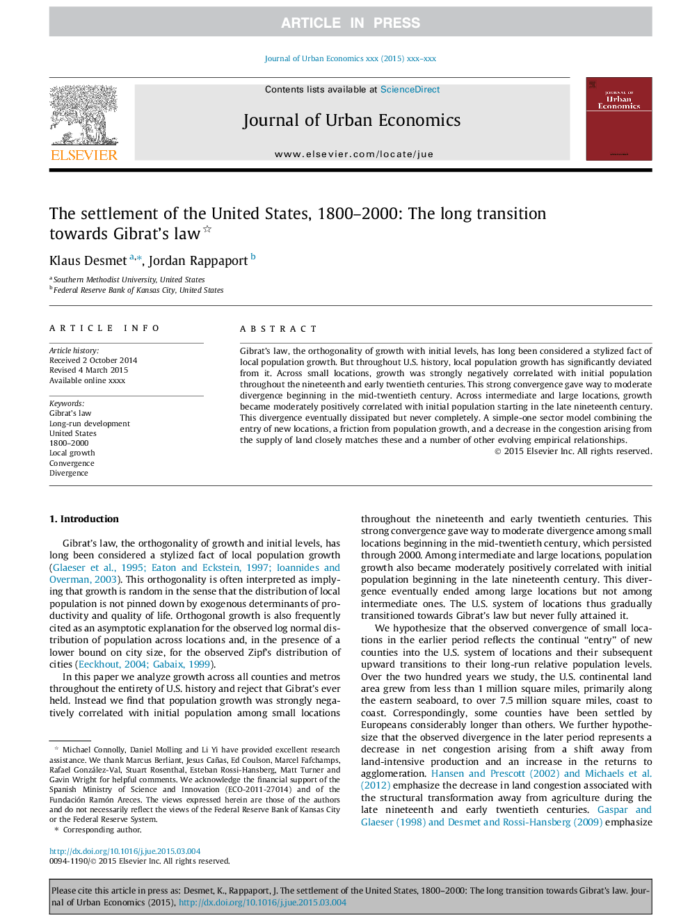 The settlement of the United States, 1800-2000: The long transition towards Gibrat's law