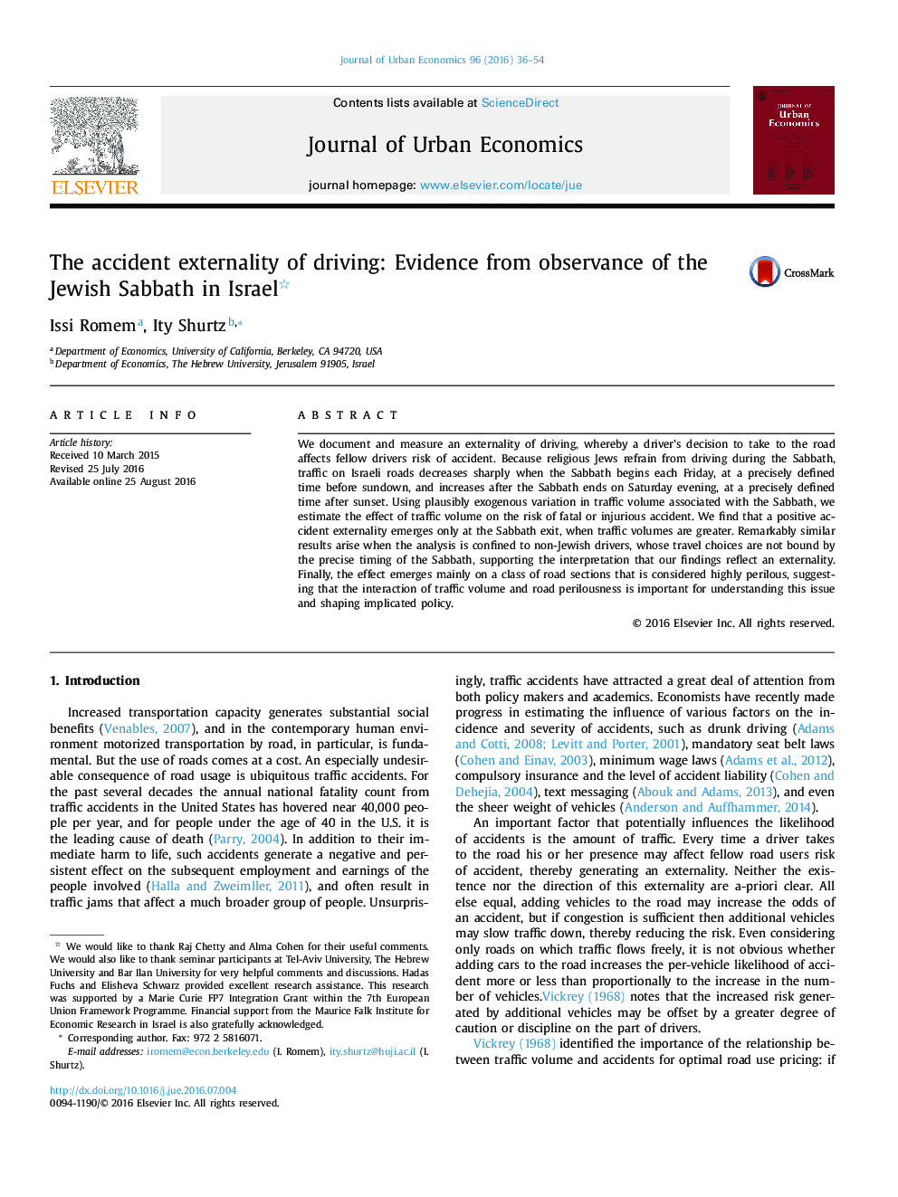 The accident externality of driving: Evidence from observance of the Jewish Sabbath in Israel