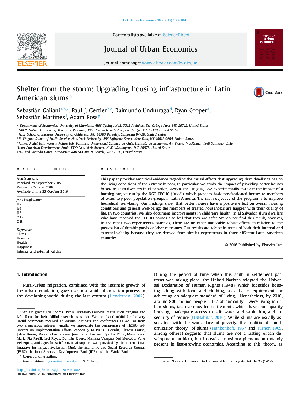 Publisher's note on Shelter from the storm: Upgrading housing infrastructure in Latin American slums by Sebastián Galiani, Paul J. Gertler, Raimundo Undurraga, Ryan Cooper, Sebastián MartÃ­nez, and Adam Ross