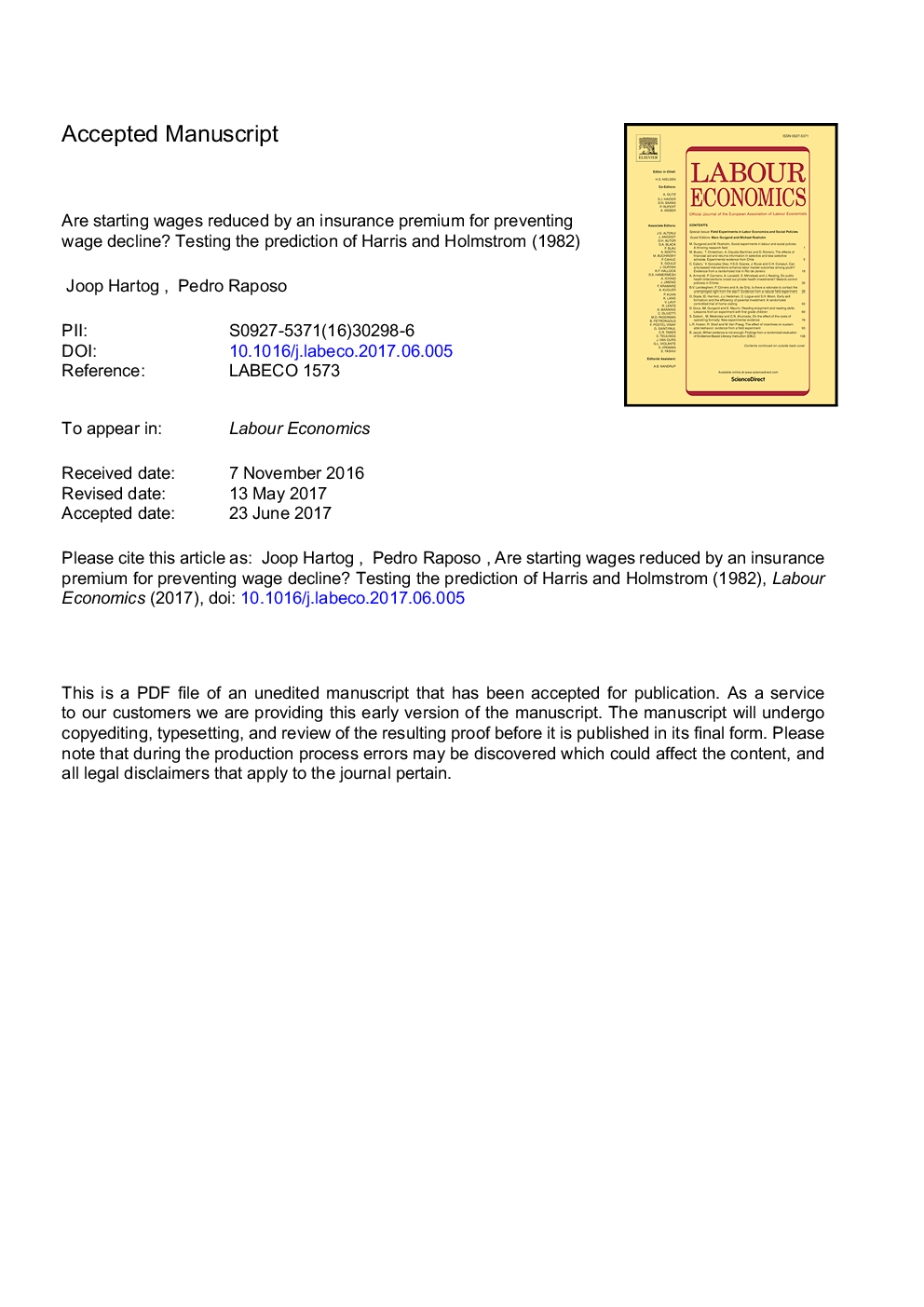 Are starting wages reduced by an insurance premium for preventing wage decline? Testing the prediction of Harris and Holmstrom (1982)