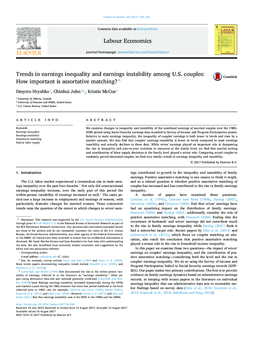 Trends in earnings inequality and earnings instability among U.S. couples: How important is assortative matching?